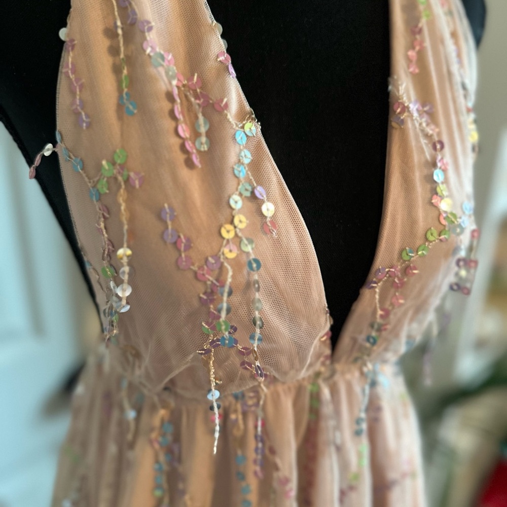 NWOT Hello Molly Pink Sequin Embellished Sundress Plunge Neckline